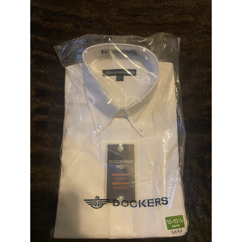 Dockers Dress Shirt Mens 15-15.5 34/35 White NEW Wrinkle Resistant Button Down